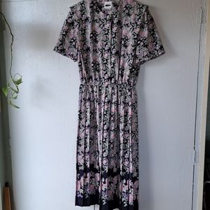 Vintage Black Floral Midi Pleated Dress SZ 10